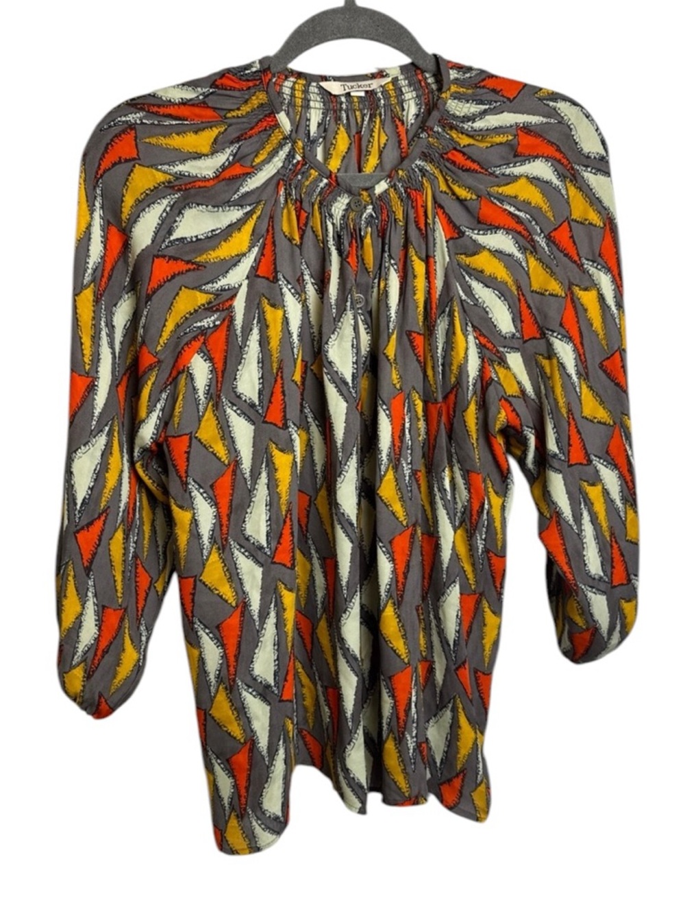 Tucker long line  blouse with buttons geometric print earth tones silk top Med